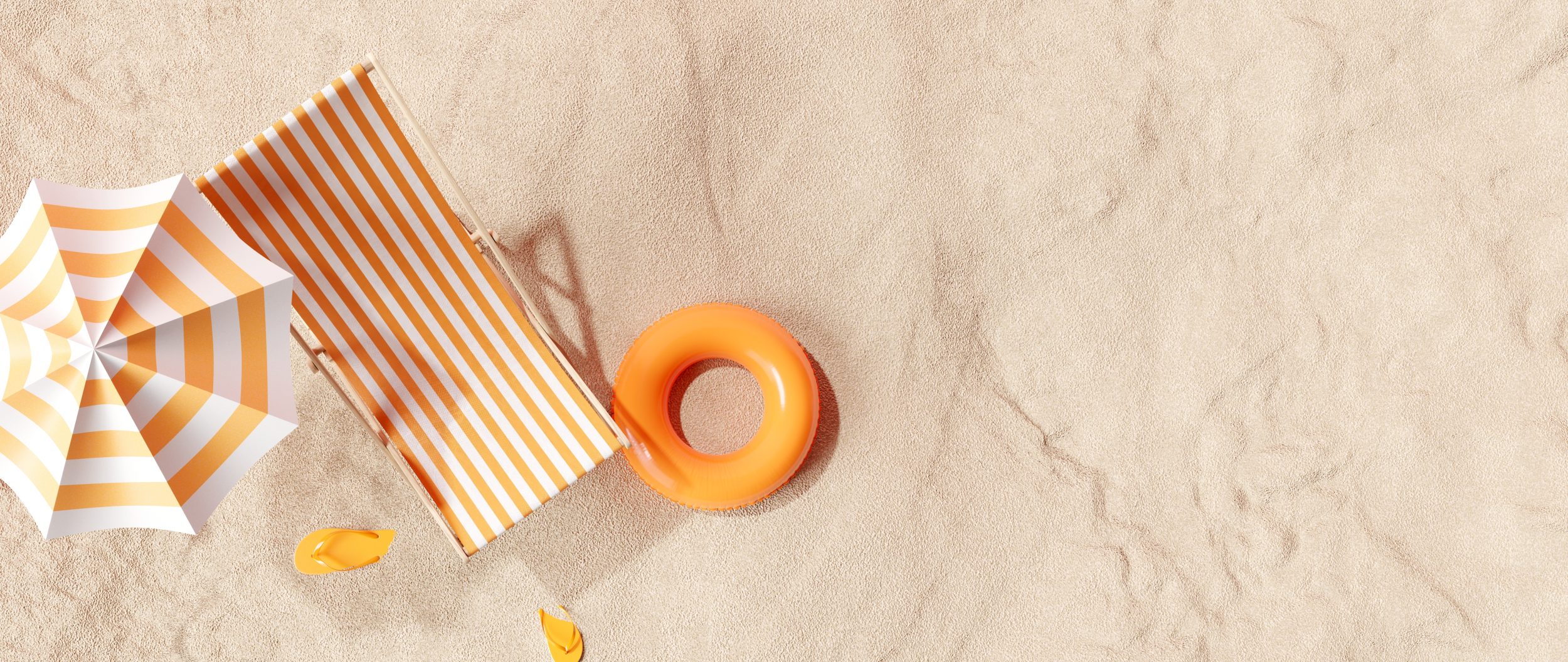 Strandsetting, mit Sonnenschirm, Strandliege, Flip Flops und Rettungsring