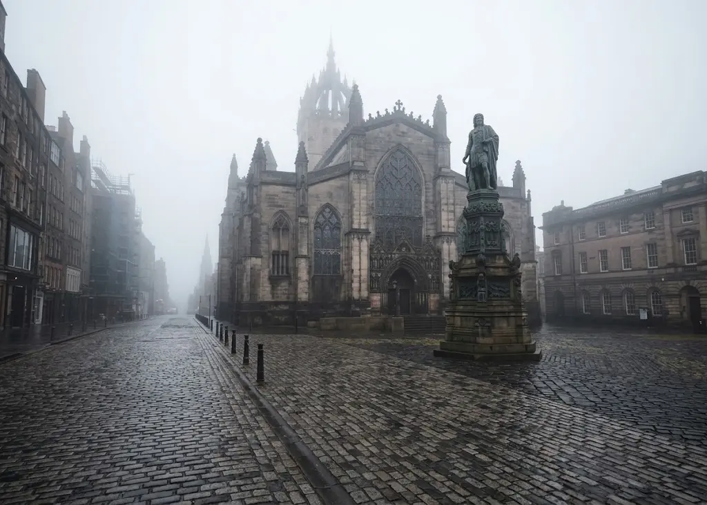 St Giles' Kathedrale in Edinburgh mit charakteristischem Krönungsdach an nebligem Morgen