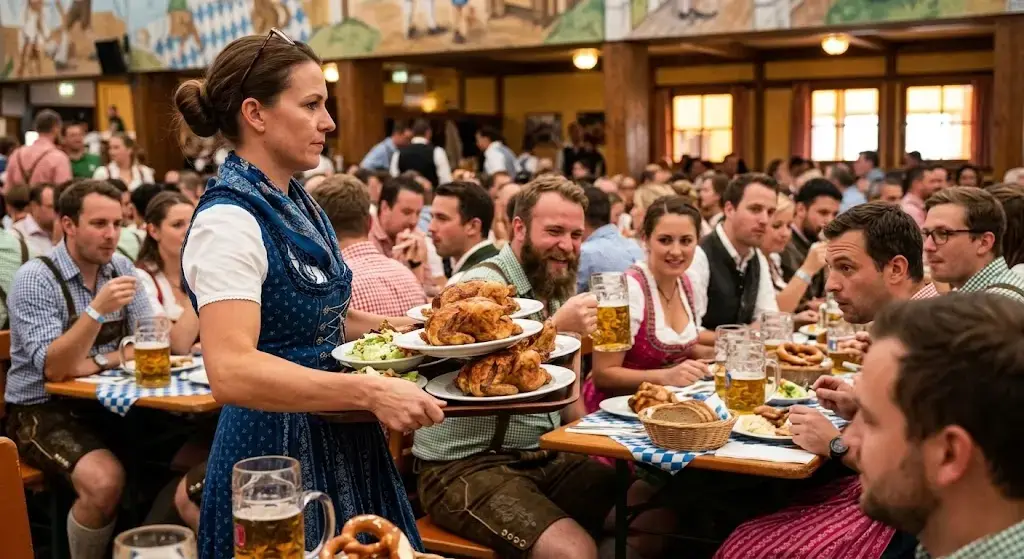 Kellnerin serviert traditionelles Hähnchen beim Oktoberfest München