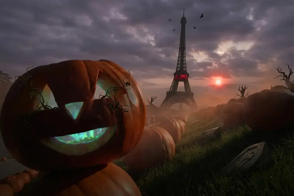 Kürbis vor dem beleuchteten Eiffelturm in Paris