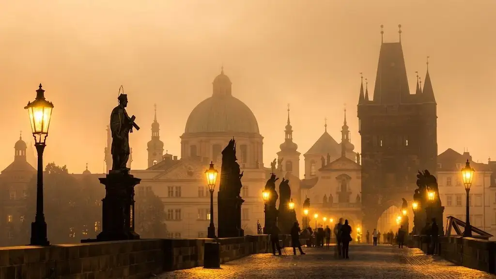Karlsbrücke in Prag bei Einbruch der Dunkelheit mit beleuchteten Statuen
