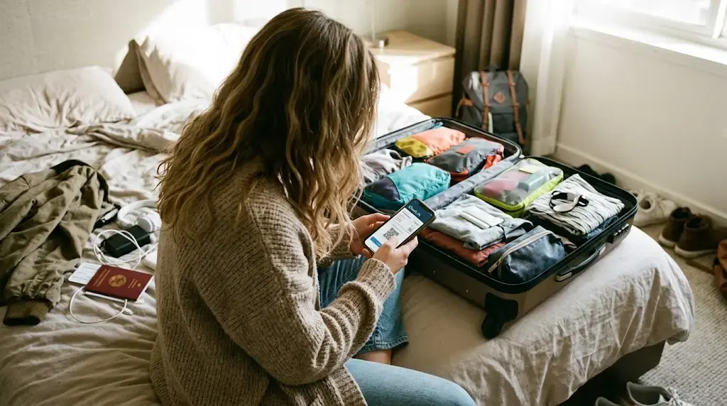 Reisende Person vergleicht auf dem Smartphone günstige Flugangebote für den Travel Tuesday in der Opodo-App.